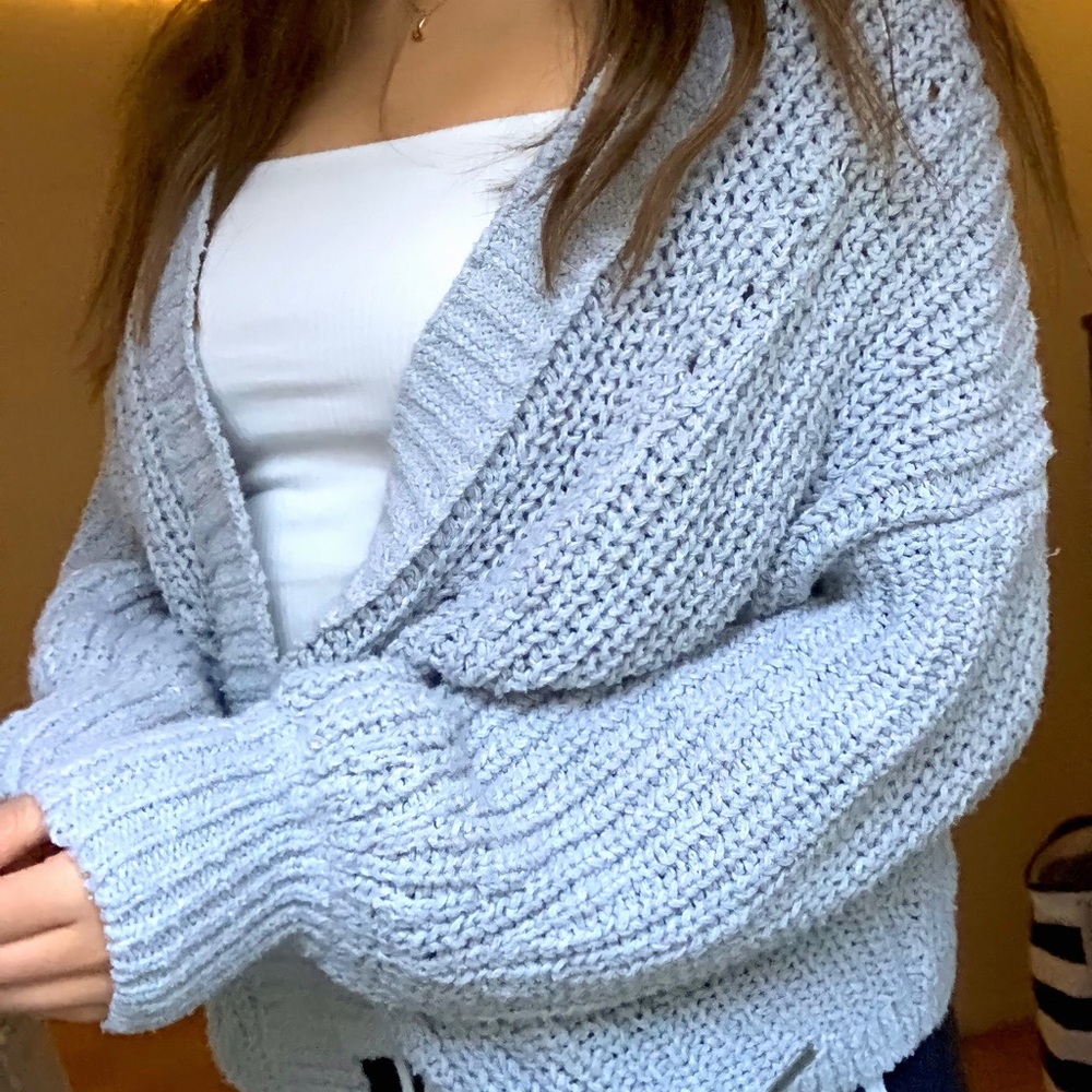 Blue/Gray Puff Sleeve Cardigan